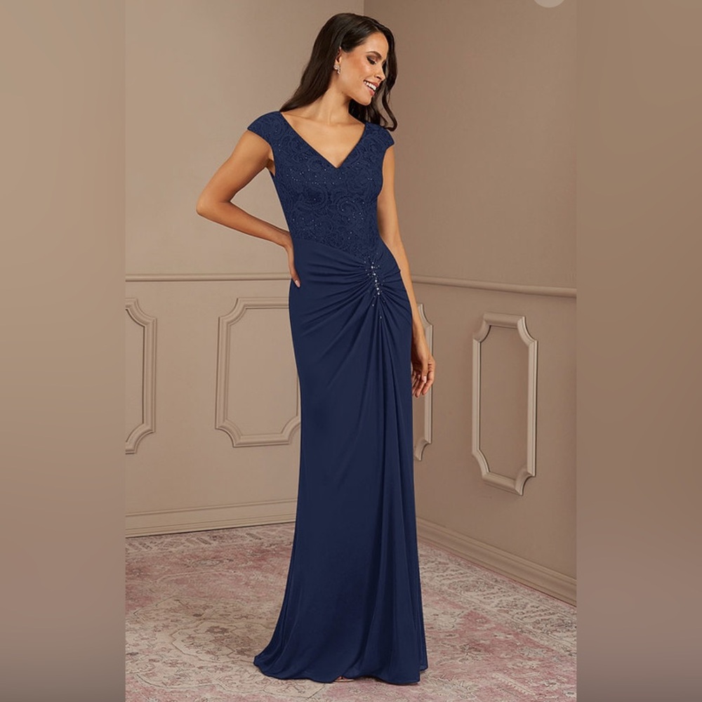 NWT Azazie Helen Mother Of The Bride Dark Navy Blue Maxi Dress Sequin Vneck